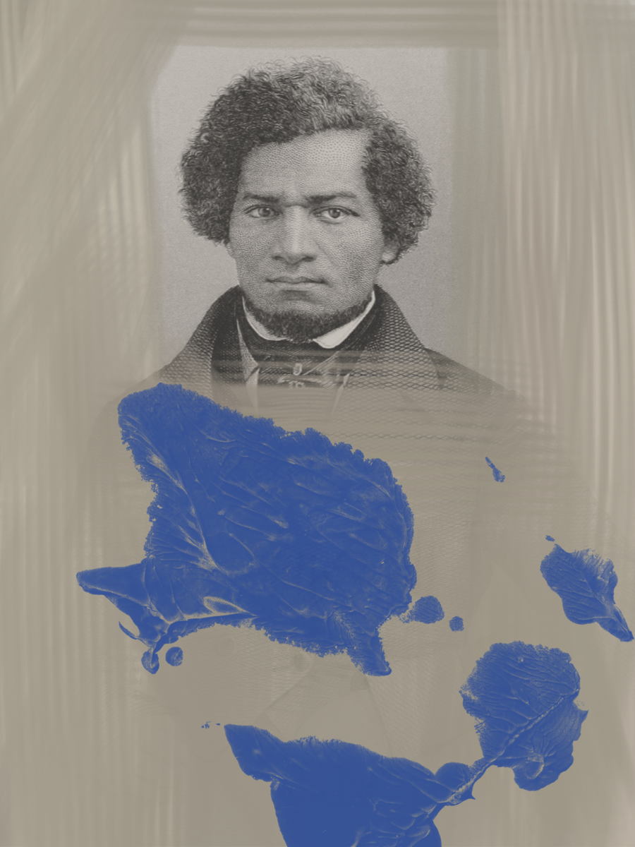 Frederick Douglass image with blue paint stroke embellishments
