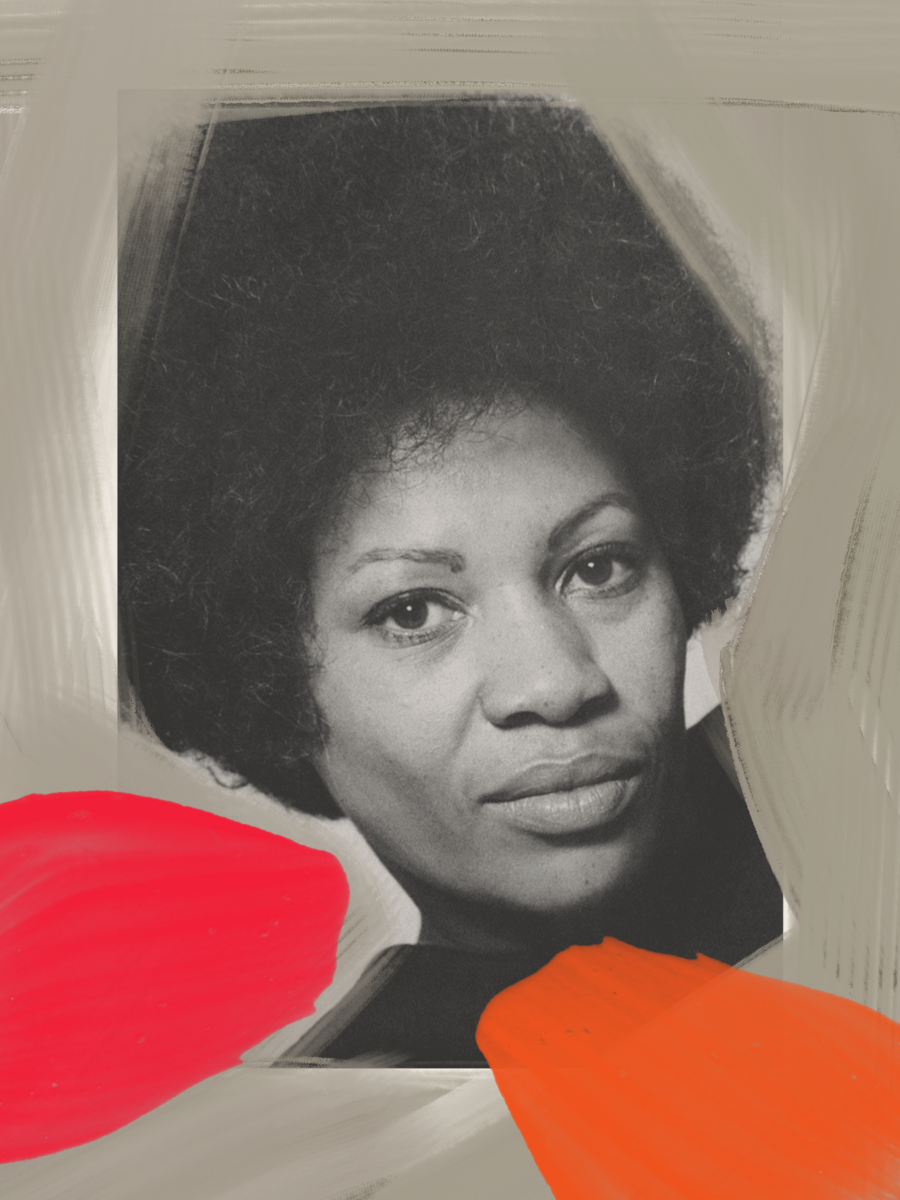Toni Morrison photo with red and orange paint stroke embellishments